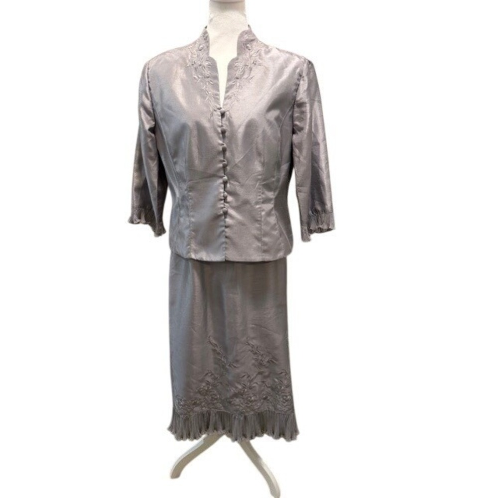 Vtg Plaza South Petite Silver Skirt Suit Set‎ Formal Mother of the Bride Sz 14 P